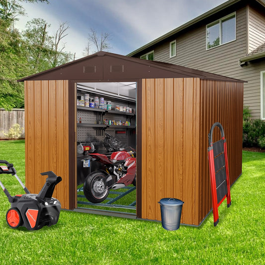 10ft X 8ft Outdoor Metal Storage Shed With Metal Floor Base,Coffee