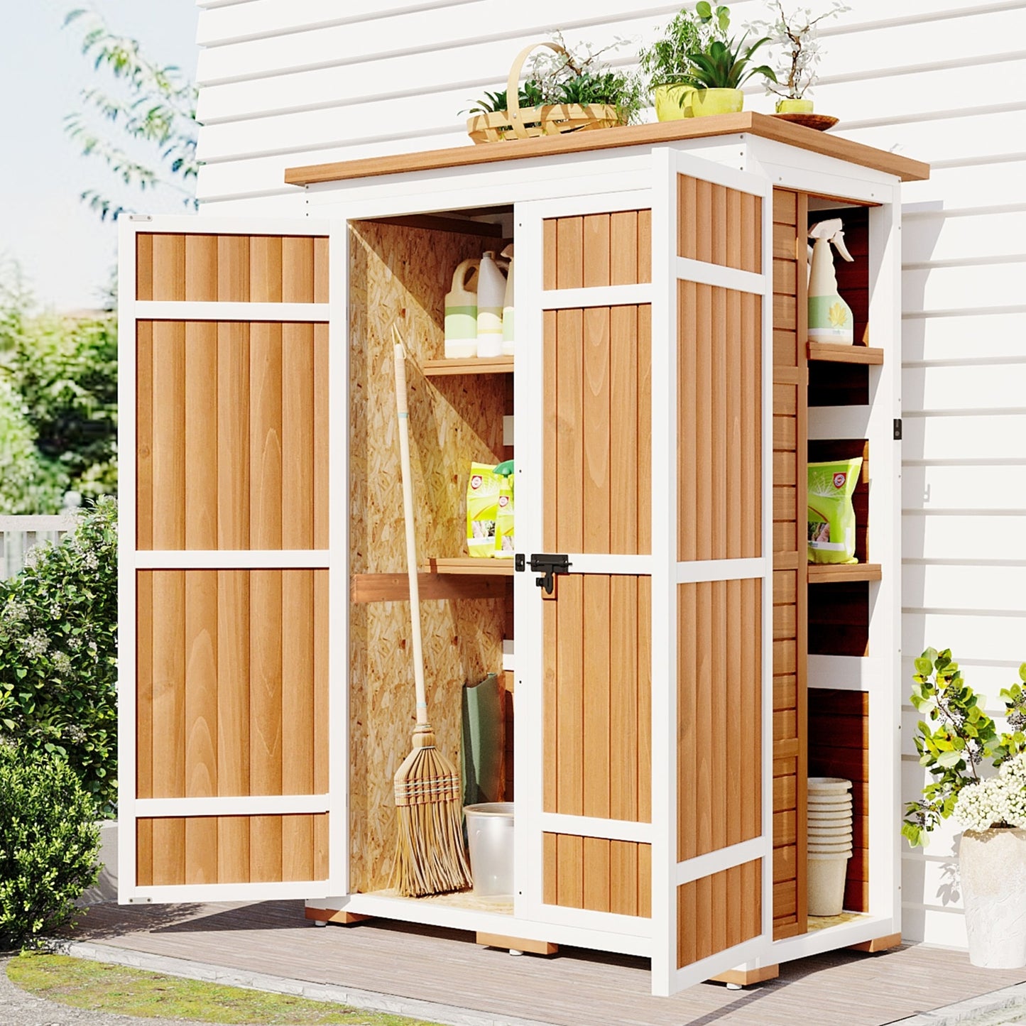 Outdoor 5.5ft Hx4.1ft L Wood Storage Shed, Garden Tool Cabinet With Waterpro.