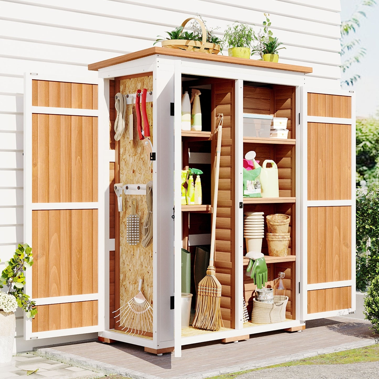 Outdoor 5.5ft Hx4.1ft L Wood Storage Shed, Garden Tool Cabinet With Waterpro.