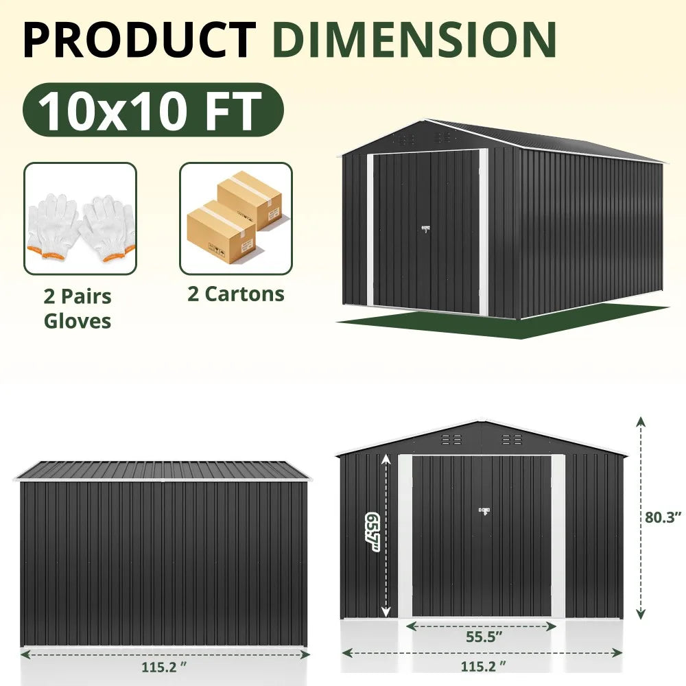 10x10 FT Outdoor Storage Shed, Garden Shed with Frame Structure and Lockable Doors, Metal Tool Sheds for Backyard