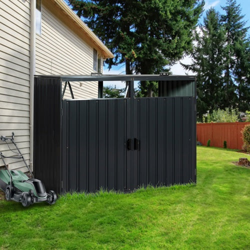 Garbage Bin Shed Stores 2 Trash Cans Metal Outdoor Bin Shed For Garbage Storage,Stainless Galvanized Steel, Bin Shed For Garden Yard Lawn