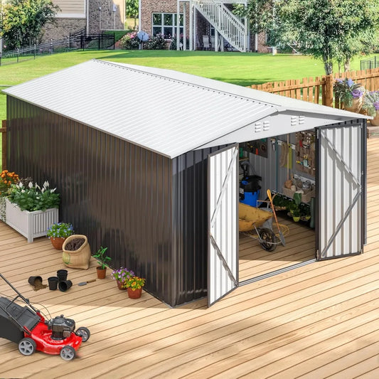 10x14 Outdoor Storage Shed, Garden Shed with Updated Frame Structure and Lockable Doors, Metal Tool Sheds, White